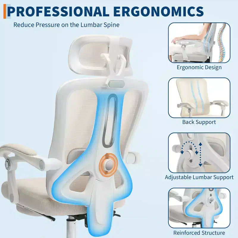 Acekool Ergonomic Mesh Reclining Chair with Footrest, Adjustable Lumbar & Headrest, for Home Office Gaming Room