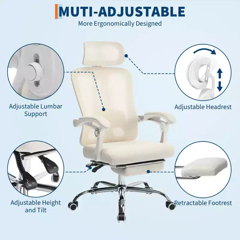 Acekool Ergonomic Mesh Reclining Chair with Footrest, Adjustable Lumbar & Headrest, for Home Office Gaming Room