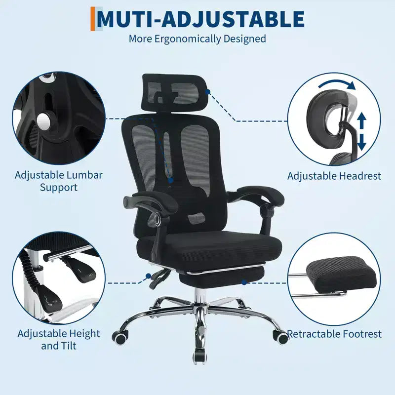 Acekool Ergonomic Mesh Reclining Chair with Footrest, Adjustable Lumbar & Headrest, for Home Office Gaming Room