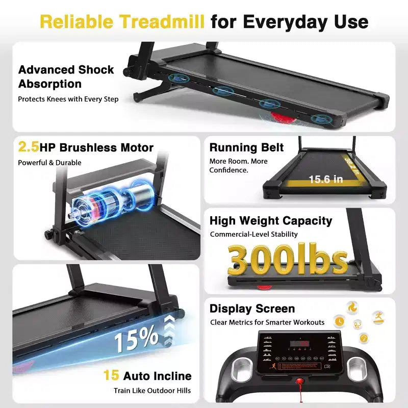 Redliro Foldable Treadmill with Auto Incline, 2.5HP Walking Treadmill for Home, 15% Incline Treadmill with Handles, 300 lbs Capacity
