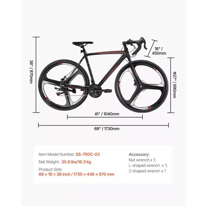 NAYSAYE Road Bike Racing Bicycle 700C with 21 Speeds Carbon Steel Frame and Disc Brakes for Urban Commuting, Black, 53.74*8.27*29.13