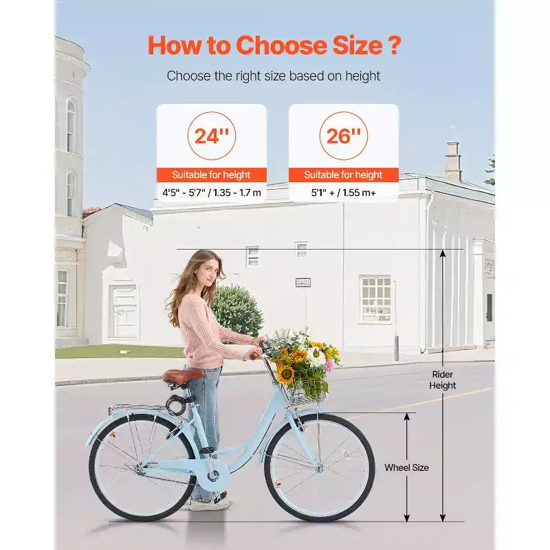 VEVOR Cruiser Bike, 1-Speed, 26-Inch Light Blue Beach Cruiser Bike with Large Capacity Basket and Rear Rack, Secure & Sturdy Cruiser Bike,Light Blue