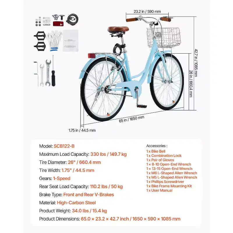 VEVOR Cruiser Bike, 1-Speed, 26-Inch Light Blue Beach Cruiser Bike with Large Capacity Basket and Rear Rack, Secure & Sturdy Cruiser Bike,Light Blue