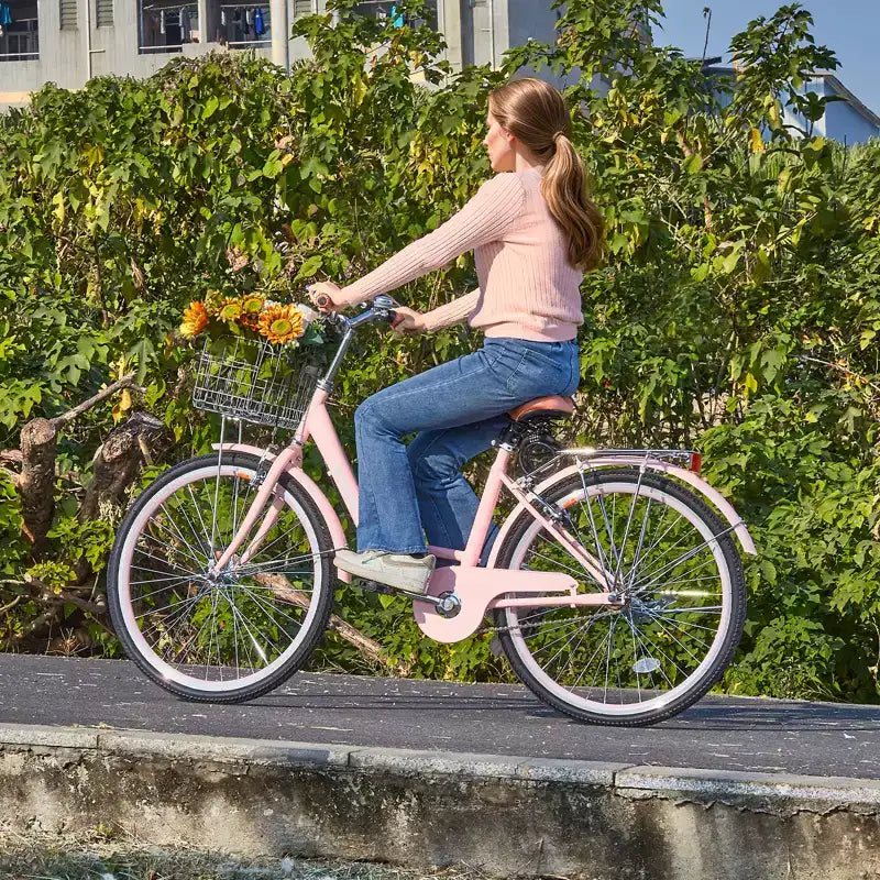 Bicicletta VEVOR Cruiser, 1 velocità, Bici Cruiser da Spiaggia Rosa da 26 Pollici con Cestino Grande Capacità e Portapacchi Posteriore, Bici Cruiser Sicura e Robusta, Rosa