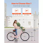 Bicicletta VEVOR Cruiser, 1 velocità, Bici Cruiser da Spiaggia Rosa da 26 Pollici con Cestino Grande Capacità e Portapacchi Posteriore, Bici Cruiser Sicura e Robusta, Rosa