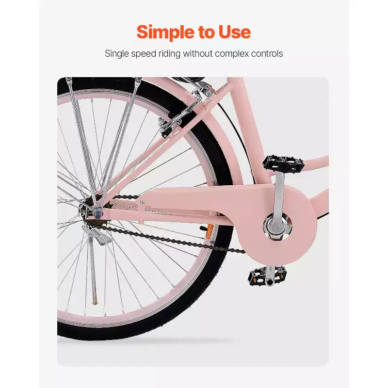 Bicicletta VEVOR Cruiser, 1 velocità, Bici Cruiser da Spiaggia Rosa da 26 Pollici con Cestino Grande Capacità e Portapacchi Posteriore, Bici Cruiser Sicura e Robusta, Rosa