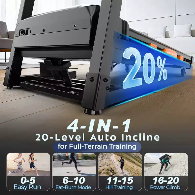 20% Auto Incline Treadmill, 400 lb Capacity, 5HP Folding Home Treadmill, Portable Running/Walking Machine with LCD Display, HiFi Speakers, Smart App