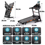 20% Auto Incline Treadmill, 400 lb Capacity, 5HP Folding Home Treadmill, Portable Running/Walking Machine with LCD Display, HiFi Speakers, Smart App