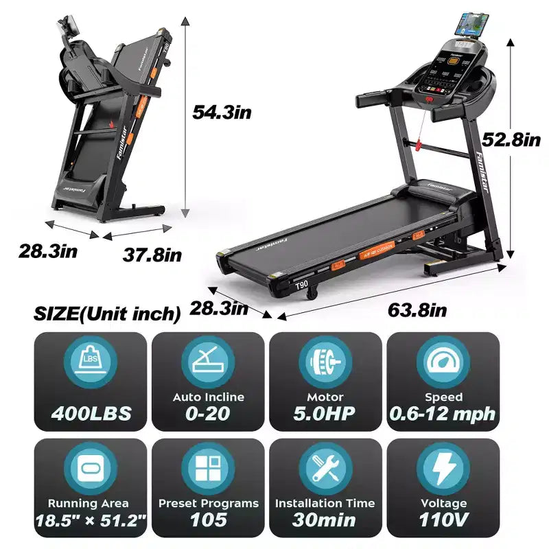 20% Auto Incline Treadmill, 400 lb Capacity, 5HP Folding Home Treadmill, Portable Running/Walking Machine with LCD Display, HiFi Speakers, Smart App