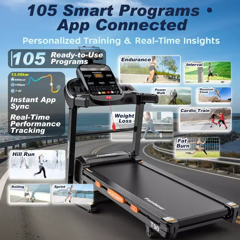 20% Auto Incline Treadmill, 400 lb Capacity, 5HP Folding Home Treadmill, Portable Running/Walking Machine with LCD Display, HiFi Speakers, Smart App