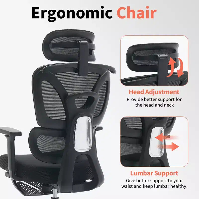 Ergonomic Mesh Office Chair for Home Office, Study, Gaming  Adjustable Lumbar, 3D Armrests, Headrest & Footrest  Breathable Black Mesh, Black Frame