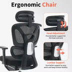 Ergonomic Mesh Office Chair for Home Office, Study, Gaming  Adjustable Lumbar, 3D Armrests, Headrest & Footrest  Breathable Black Mesh, Black Frame
