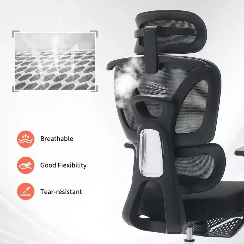 Ergonomic Mesh Office Chair for Home Office, Study, Gaming  Adjustable Lumbar, 3D Armrests, Headrest & Footrest  Breathable Black Mesh, Black Frame