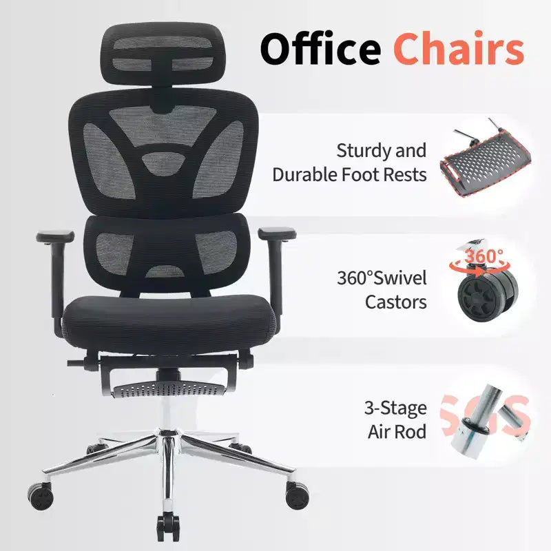 Ergonomic Mesh Office Chair for Home Office, Study, Gaming  Adjustable Lumbar, 3D Armrests, Headrest & Footrest  Breathable Black Mesh, Black Frame