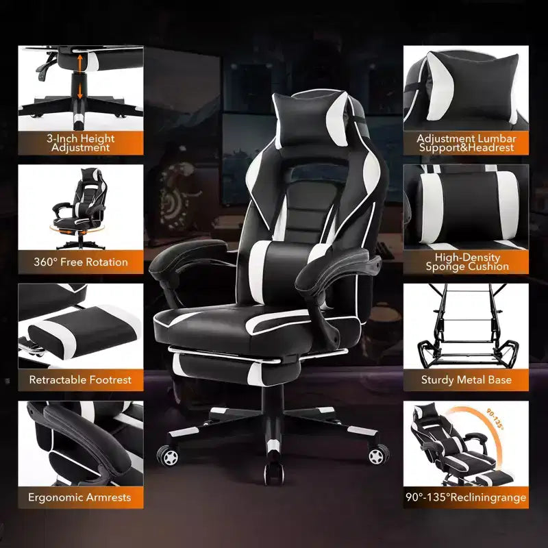 Coolmee Big and Tall Office Chair, High Back Leather Gaming Chair with Footrest, Ergonomic Computer Chair with/Lumbar Support & Headrest