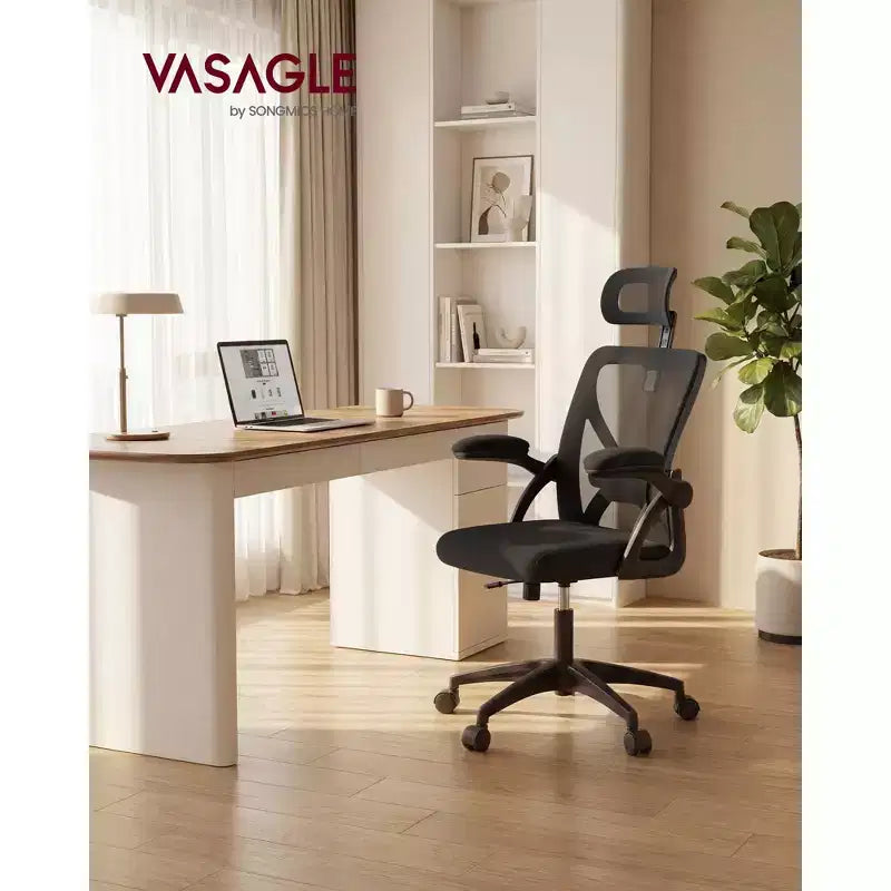 VASAGLE Ergonomic Mesh Office Chair with Adjustable Lumbar Support and Headrest, 90-105 Tilt Function, Wide Seat, FlipUp Armrests