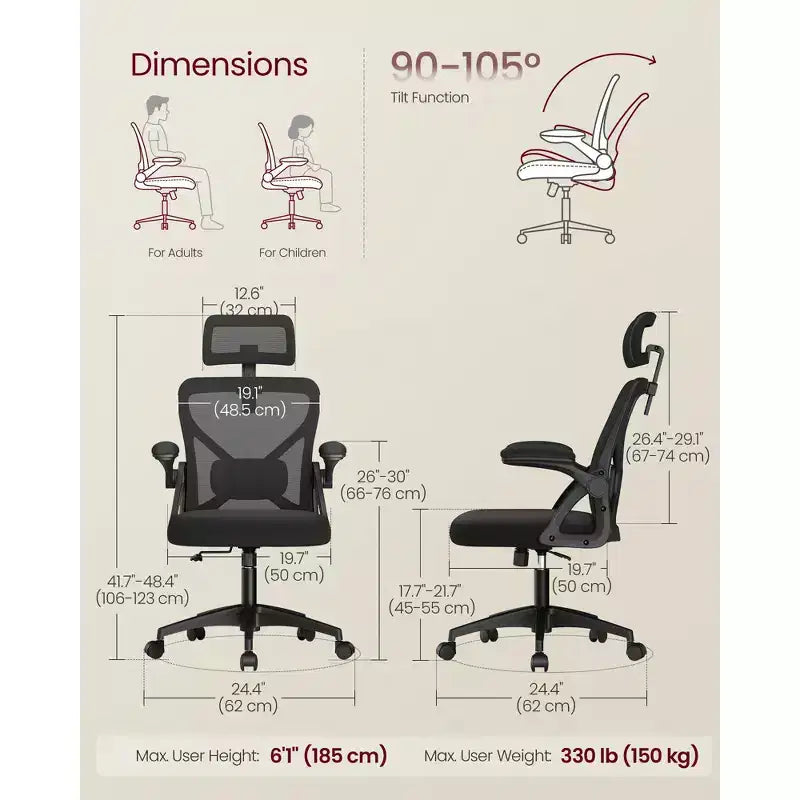 VASAGLE Ergonomic Mesh Office Chair with Adjustable Lumbar Support and Headrest, 90-105 Tilt Function, Wide Seat, FlipUp Armrests