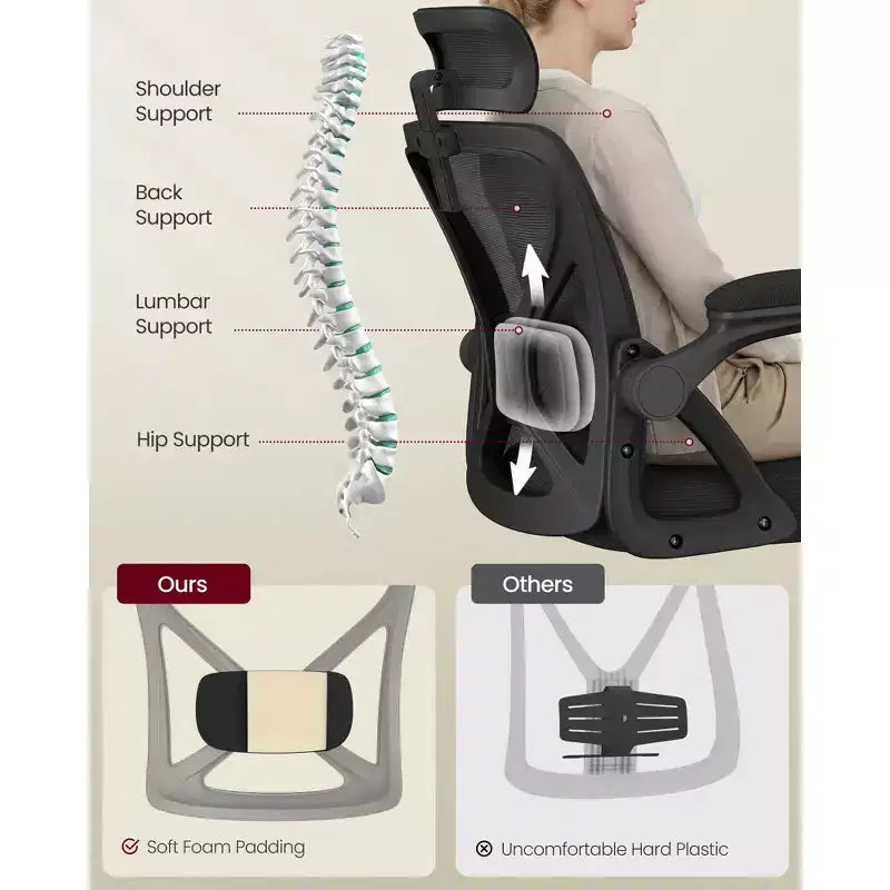 VASAGLE Ergonomic Mesh Office Chair with Adjustable Lumbar Support and Headrest, 90-105 Tilt Function, Wide Seat, FlipUp Armrests