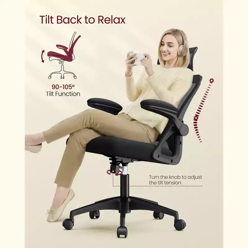 VASAGLE Ergonomic Mesh Office Chair with Adjustable Lumbar Support and Headrest, 90-105 Tilt Function, Wide Seat, FlipUp Armrests