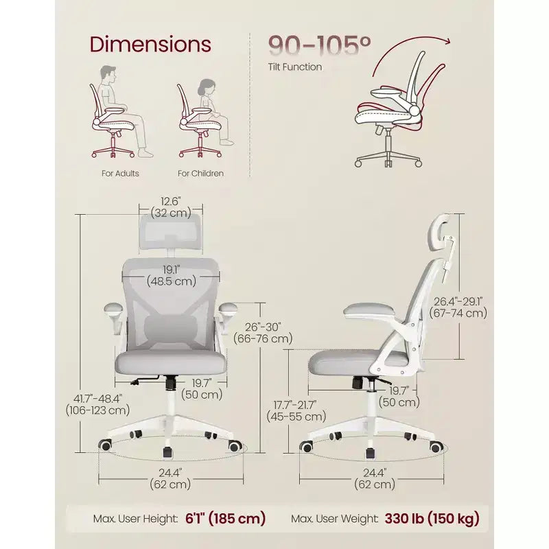 VASAGLE Ergonomic Mesh Office Chair with Adjustable Lumbar Support and Headrest, 90-105 Tilt Function, Wide Seat, FlipUp Armrests
