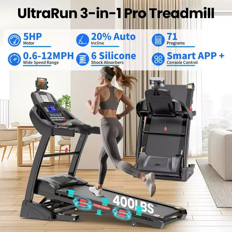 Tapis Roulant Pieghevole Portatile da 180 kg, 19 km/h 5 CV con 20% di Inclinazione per Casa Ufficio, Controllo APP, Tapis Roulant per Camminare e Correre con Fascia per Ginocchio