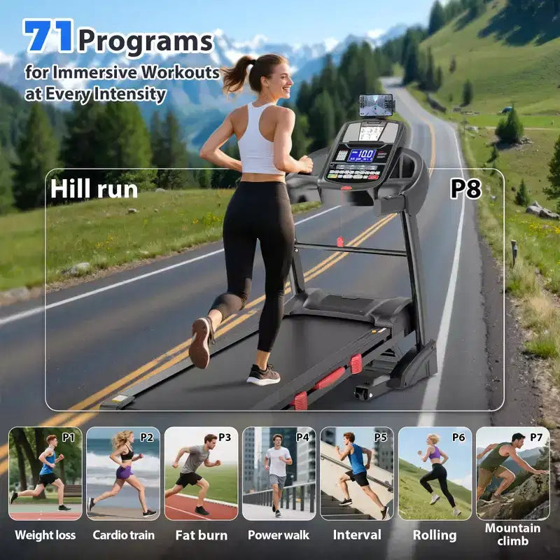 Tapis Roulant Pieghevole Portatile da 180 kg, 19 km/h 5 CV con 20% di Inclinazione per Casa Ufficio, Controllo APP, Tapis Roulant per Camminare e Correre con Fascia per Ginocchio