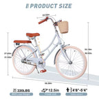 NAYSAYE Girls Beach Cruiser Bike with Front Basket & Sturdy Steel Frame for Comfortable Outdoor City Commute, Blue, 58.39*24.53*36.93