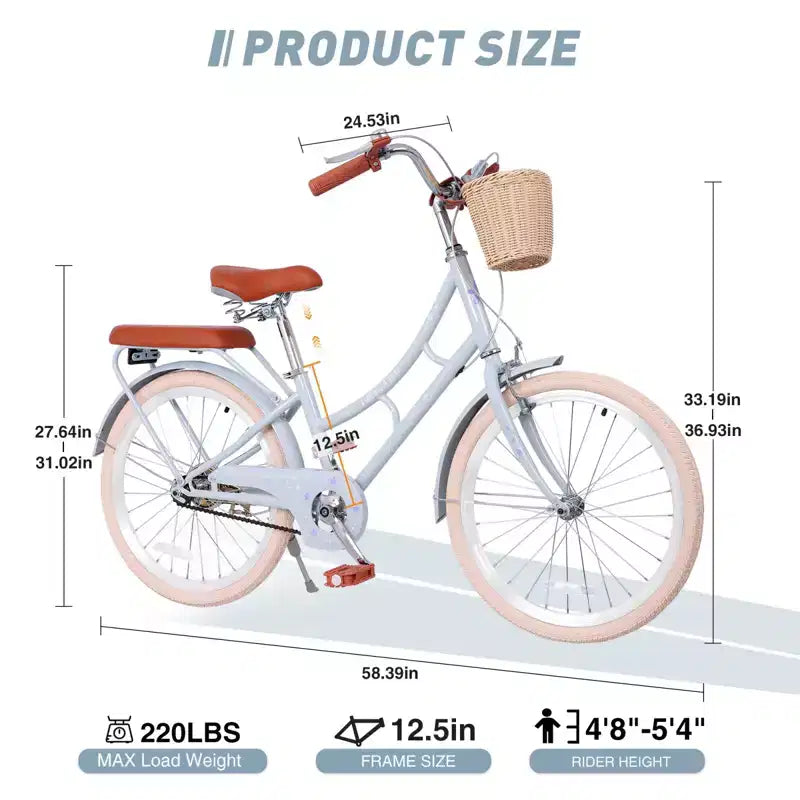 NAYSAYE Girls Beach Cruiser Bike with Front Basket & Sturdy Steel Frame for Comfortable Outdoor City Commute, Blue, 58.39*24.53*36.93