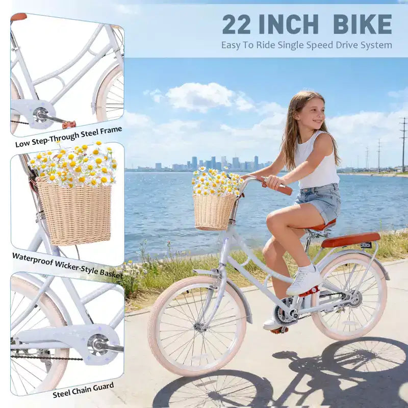 NAYSAYE Girls Beach Cruiser Bike with Front Basket & Sturdy Steel Frame for Comfortable Outdoor City Commute, Blue, 58.39*24.53*36.93