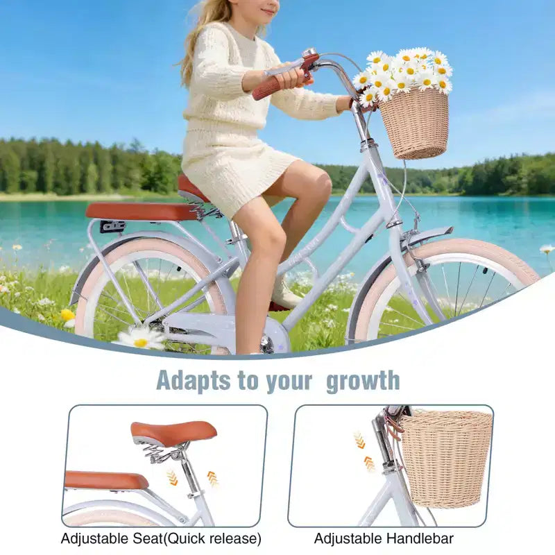 NAYSAYE Girls Beach Cruiser Bike with Front Basket & Sturdy Steel Frame for Comfortable Outdoor City Commute, Blue, 58.39*24.53*36.93