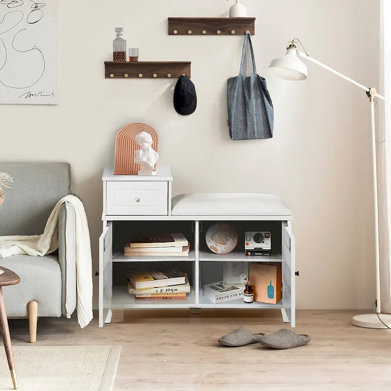 Shoe Storage Bench with PU Cushion and Movable Drawer