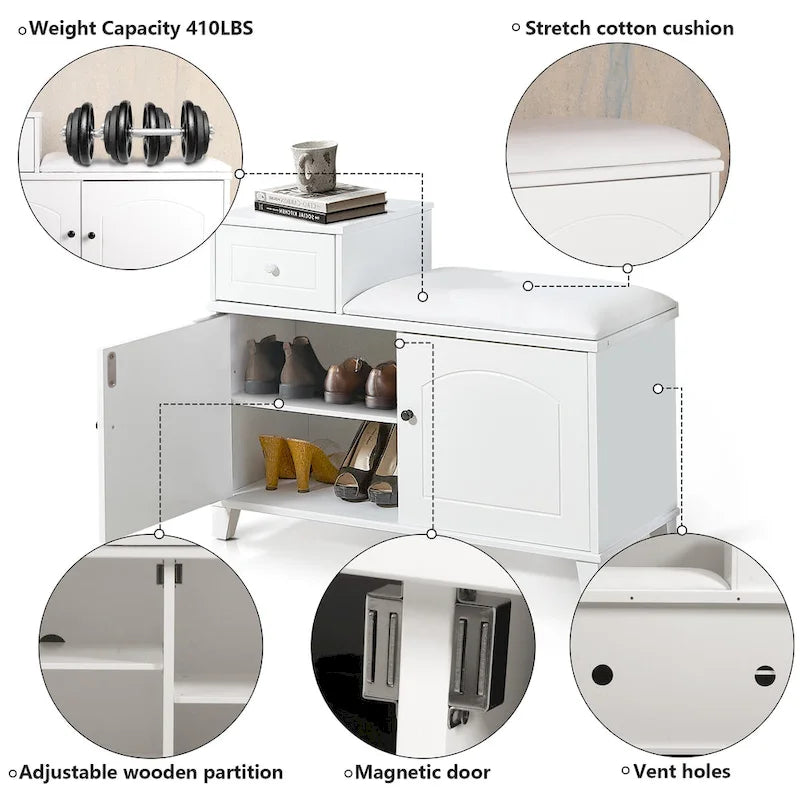 Shoe Storage Bench with PU Cushion and Movable Drawer