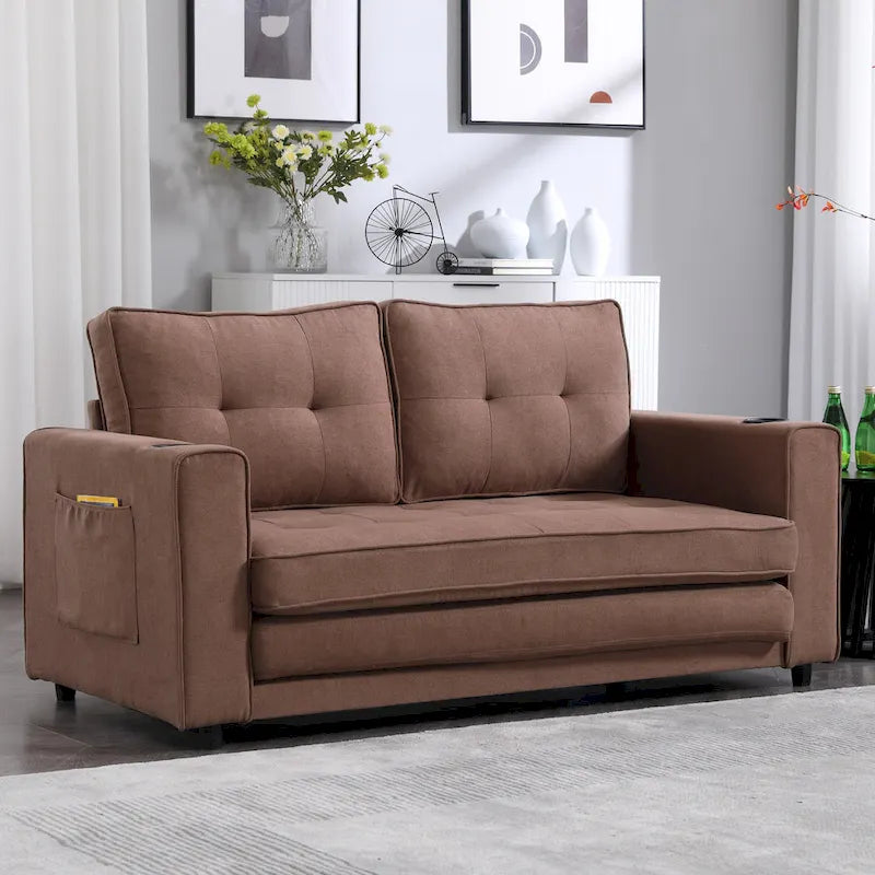 Foldable Tufted Loveseat with Pull Out Bed and Side Pockets