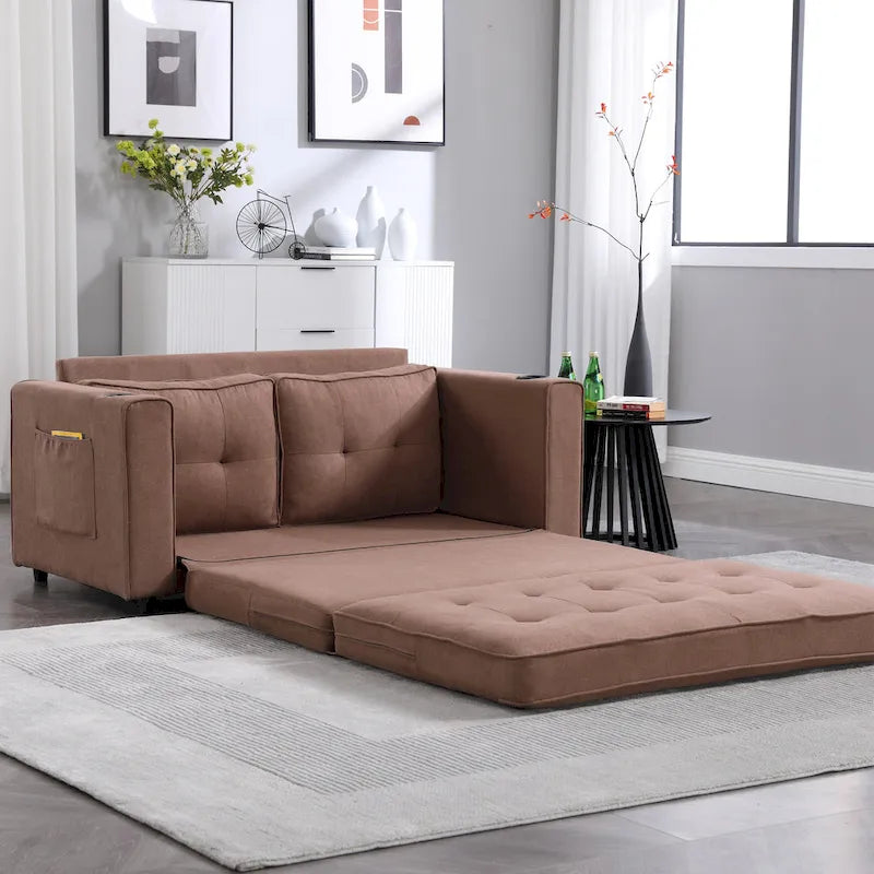 Foldable Tufted Loveseat with Pull Out Bed and Side Pockets