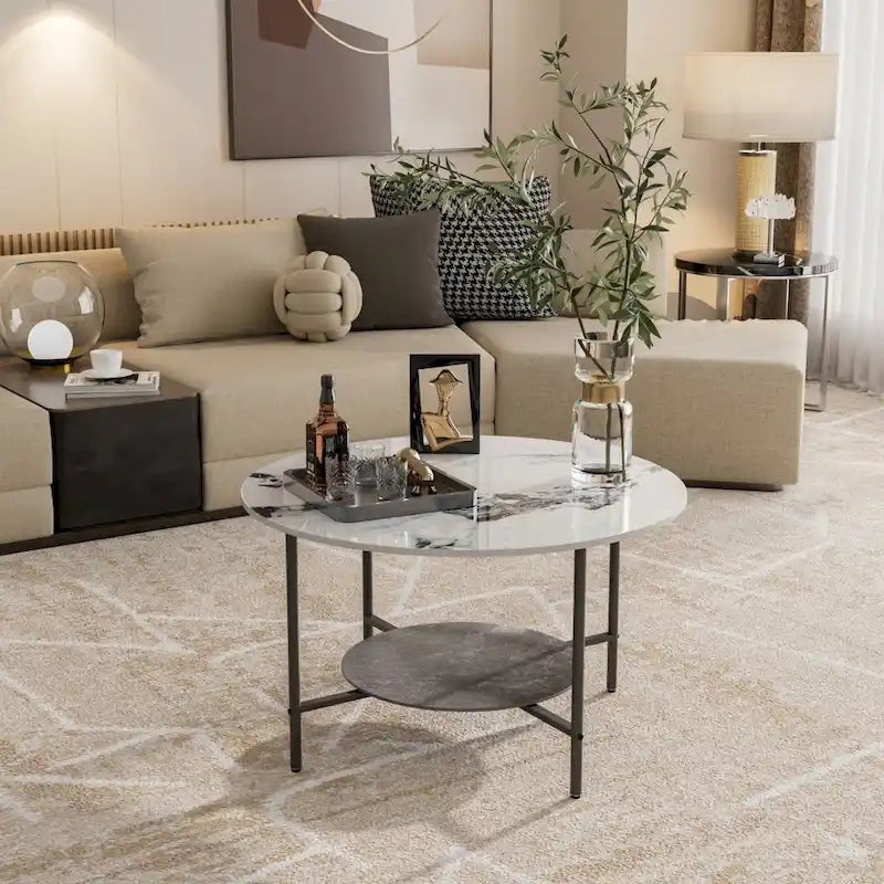 Tavolino da caffè rotondo da 80 cm Tavolini da salotto in finto marmo lucido con ripiano aperto