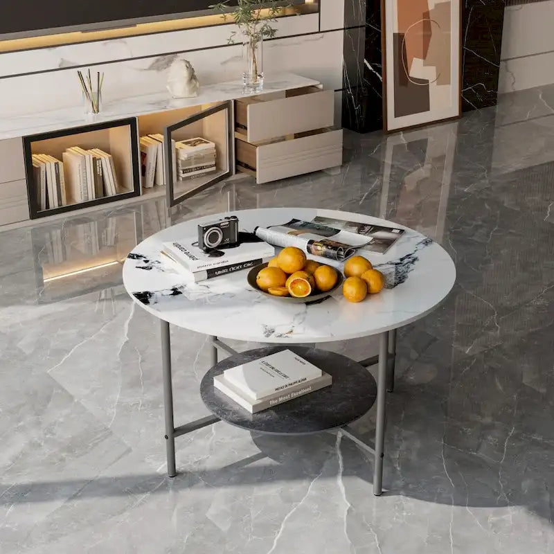 Tavolino da caffè rotondo da 80 cm Tavolini da salotto in finto marmo lucido con ripiano aperto