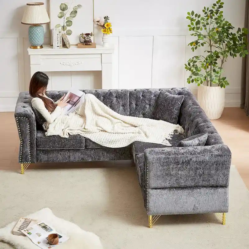 81.5 Chesterfield Chenille L-Shaped Corner Sectional Sofa with Tufted Backrest