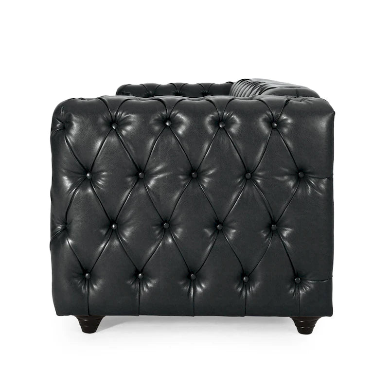 Black Modern 83.5 Faux Leather Button Tufted 3-Seater Sofa with Wood Legs