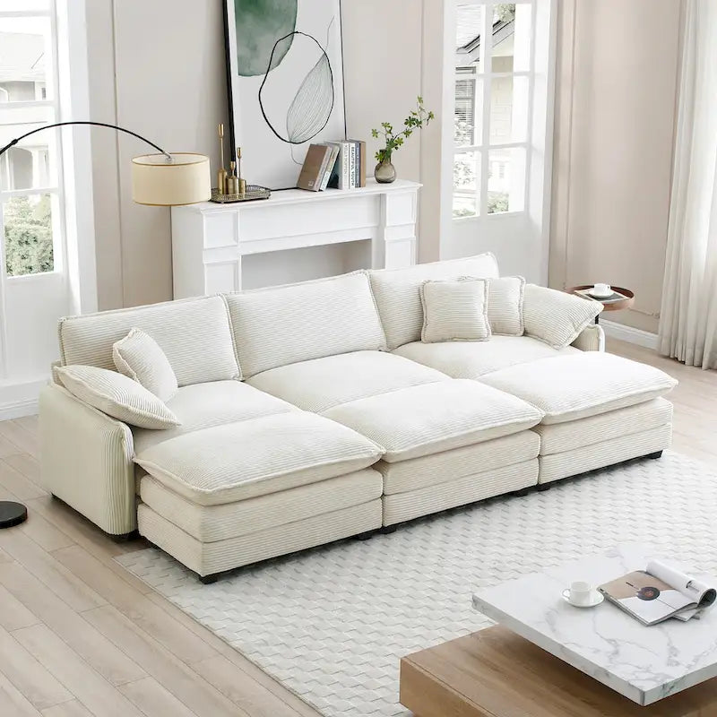 6-piece Corduroy Upholstered Modular Sleeper Sectional Sofa with 3 Removable Ottoman and 5 Pillows, Free Combination