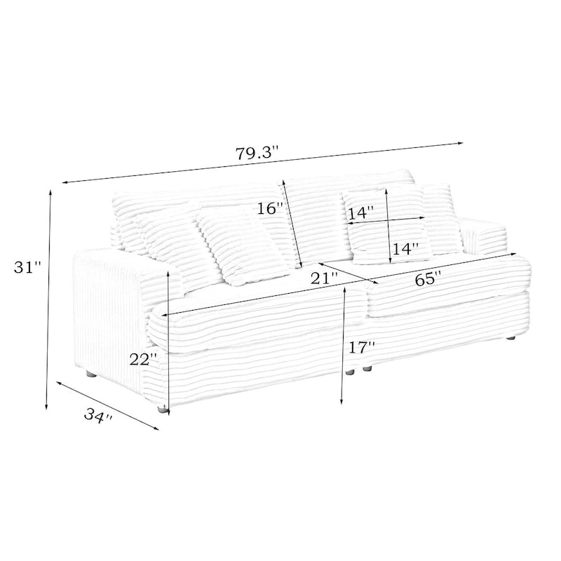 White 79.3 Corduroy 3-Seater Sofa with 4 Toss Pillows, Spring Cushion