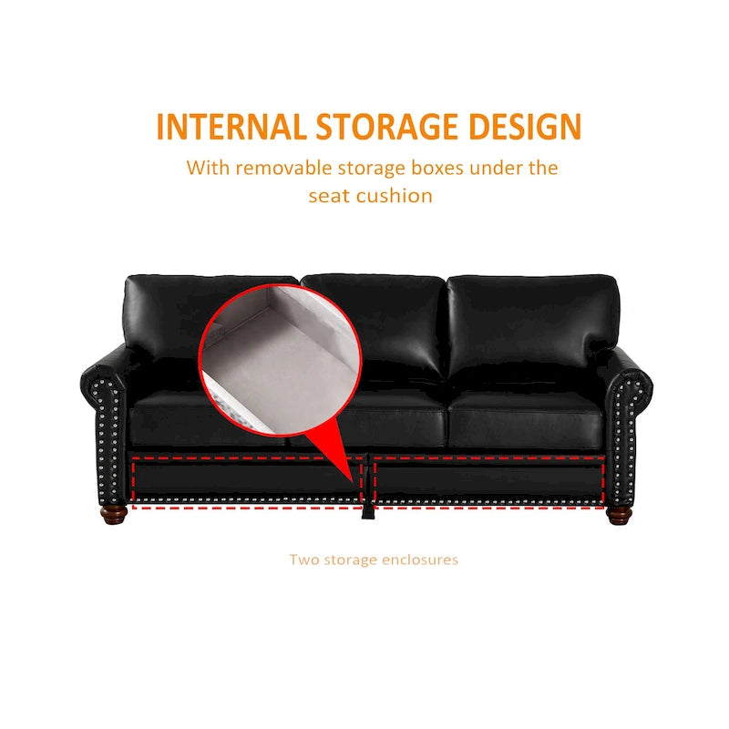 Classic 83 PU Leather Upholstered 3-Seater Sofa with Bottom Storage Box and Nailhead Decoration