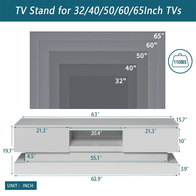 Mobile TV bianco da 63" con cassetti e luci LED, per TV fino a 65"