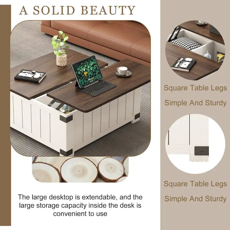 Farmhouse Lift-Top Coffee Table with Storage, USB Ports, and Charging Station