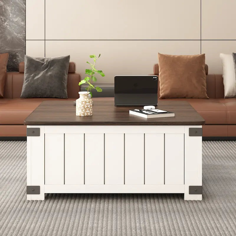 Farmhouse Lift-Top Coffee Table with Storage, USB Ports, and Charging Station