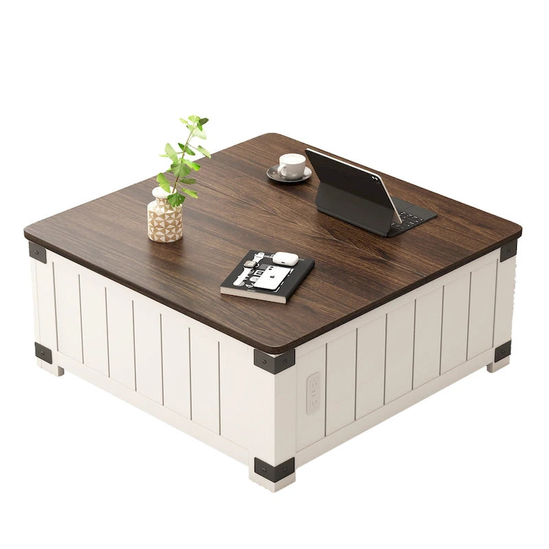 Farmhouse Lift-Top Coffee Table with Storage, USB Ports, and Charging Station