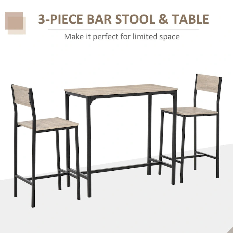 3 Piece Bar Table and Chairs, Industrial Dining Table Set for 2, Counter Height Kitchen Table with Bar stool