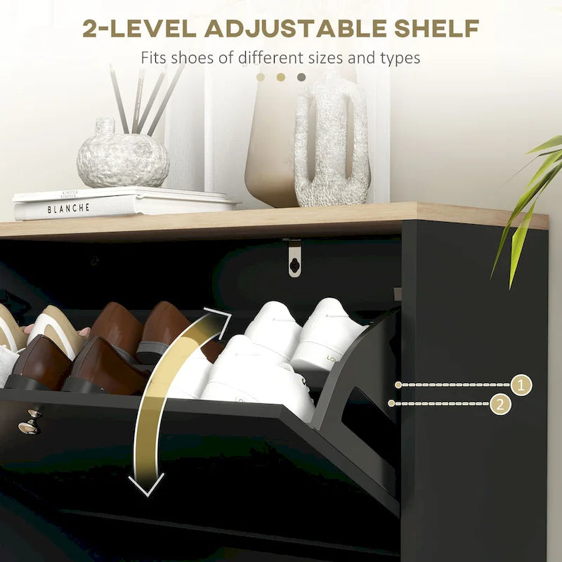 Slim Shoe Cabinet for Entryway, Hidden Shoe Storage Cabinet with 2 Flip Drawers and Adjustable Shelves for 12 Pairs of Shoes