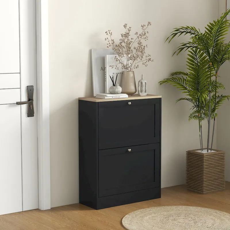 Slim Shoe Cabinet for Entryway, Hidden Shoe Storage Cabinet with 2 Flip Drawers and Adjustable Shelves for 12 Pairs of Shoes