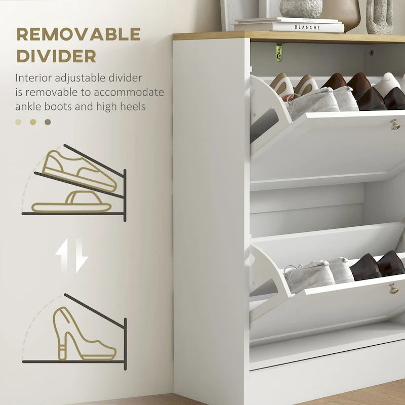 Slim Shoe Cabinet for Entryway, Hidden Shoe Storage Cabinet with 2 Flip Drawers and Adjustable Shelves for 12 Pairs of Shoes