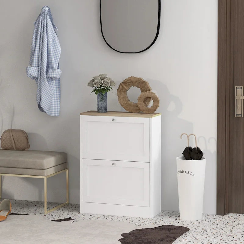 Slim Shoe Cabinet for Entryway, Hidden Shoe Storage Cabinet with 2 Flip Drawers and Adjustable Shelves for 12 Pairs of Shoes
